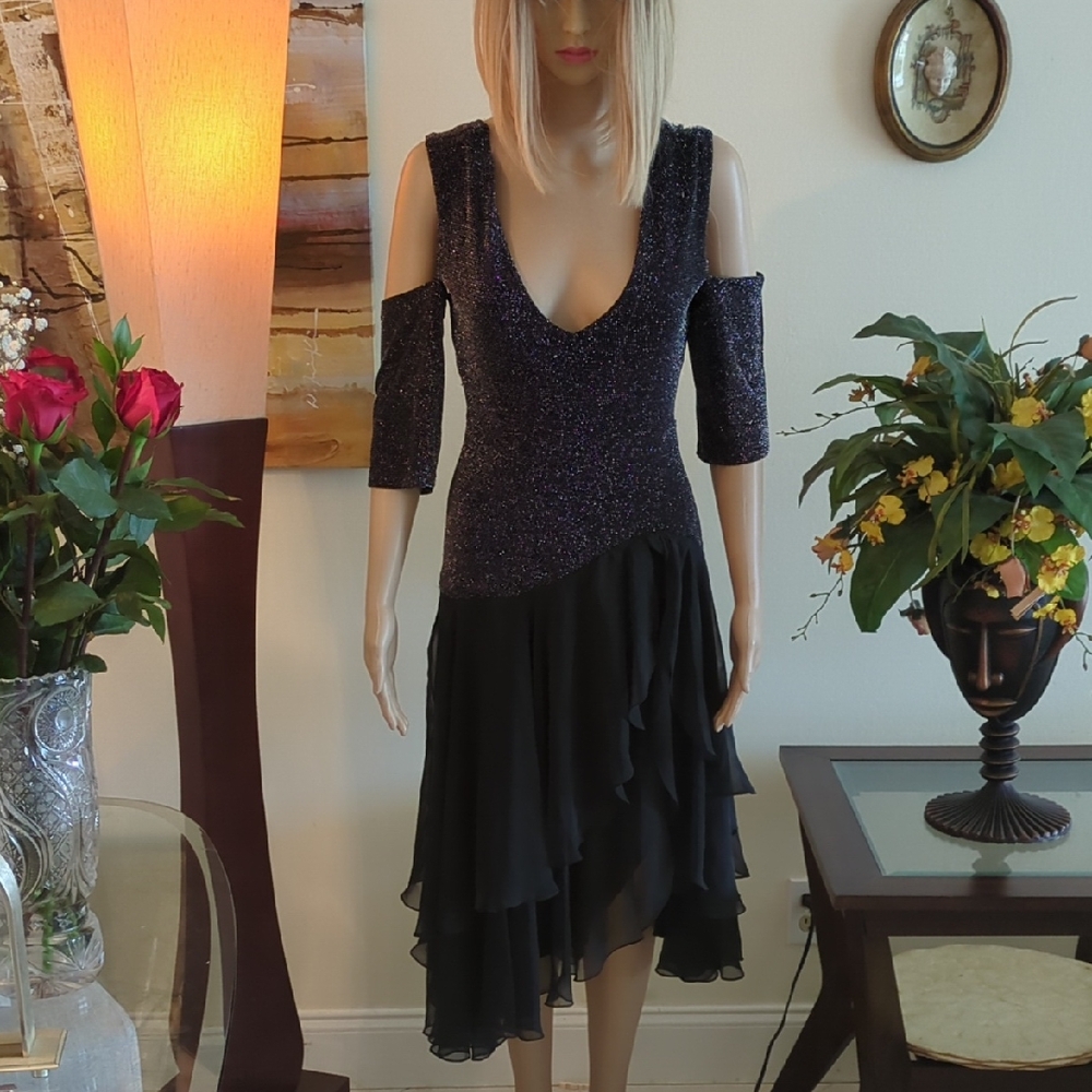 Sparkle Black Cold-Shoulder V-Neck Ruffle Midi Dress